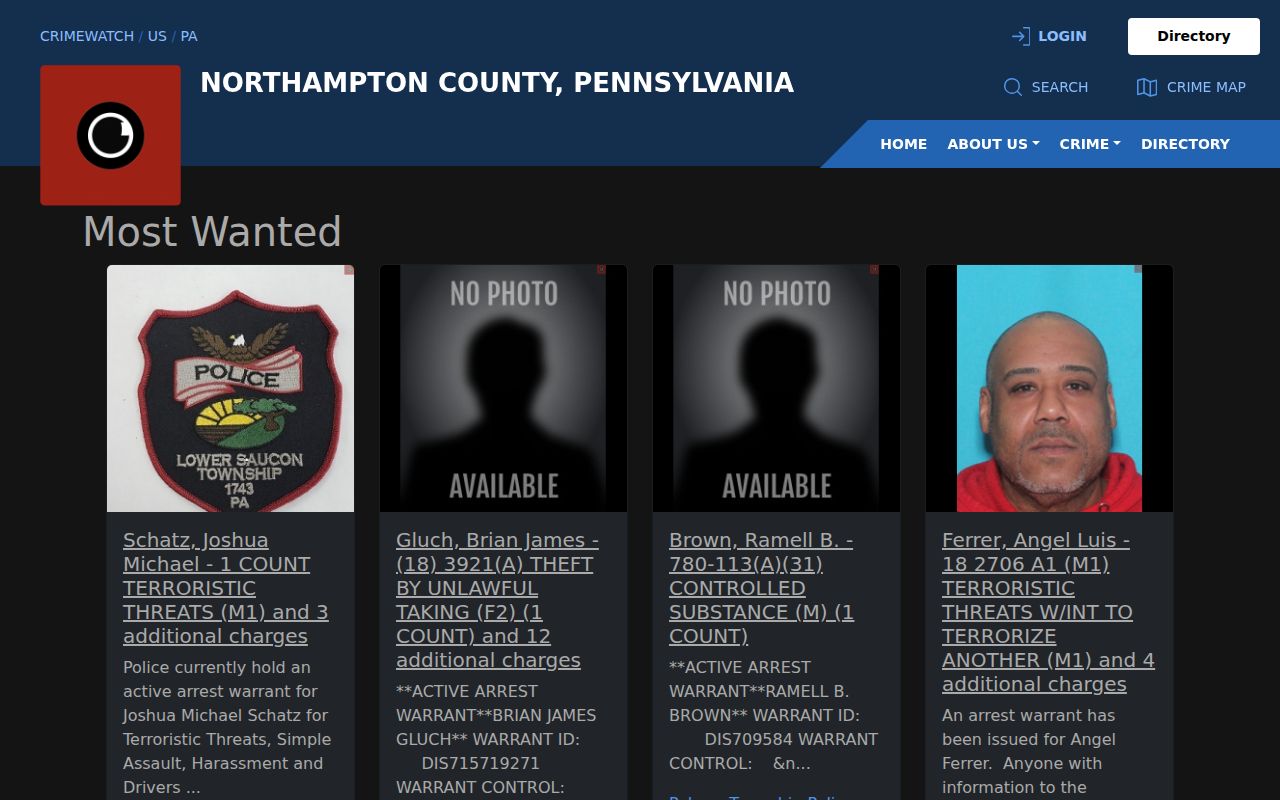 Northampton County wanted fugitives notice interface on CRIMEWATCH